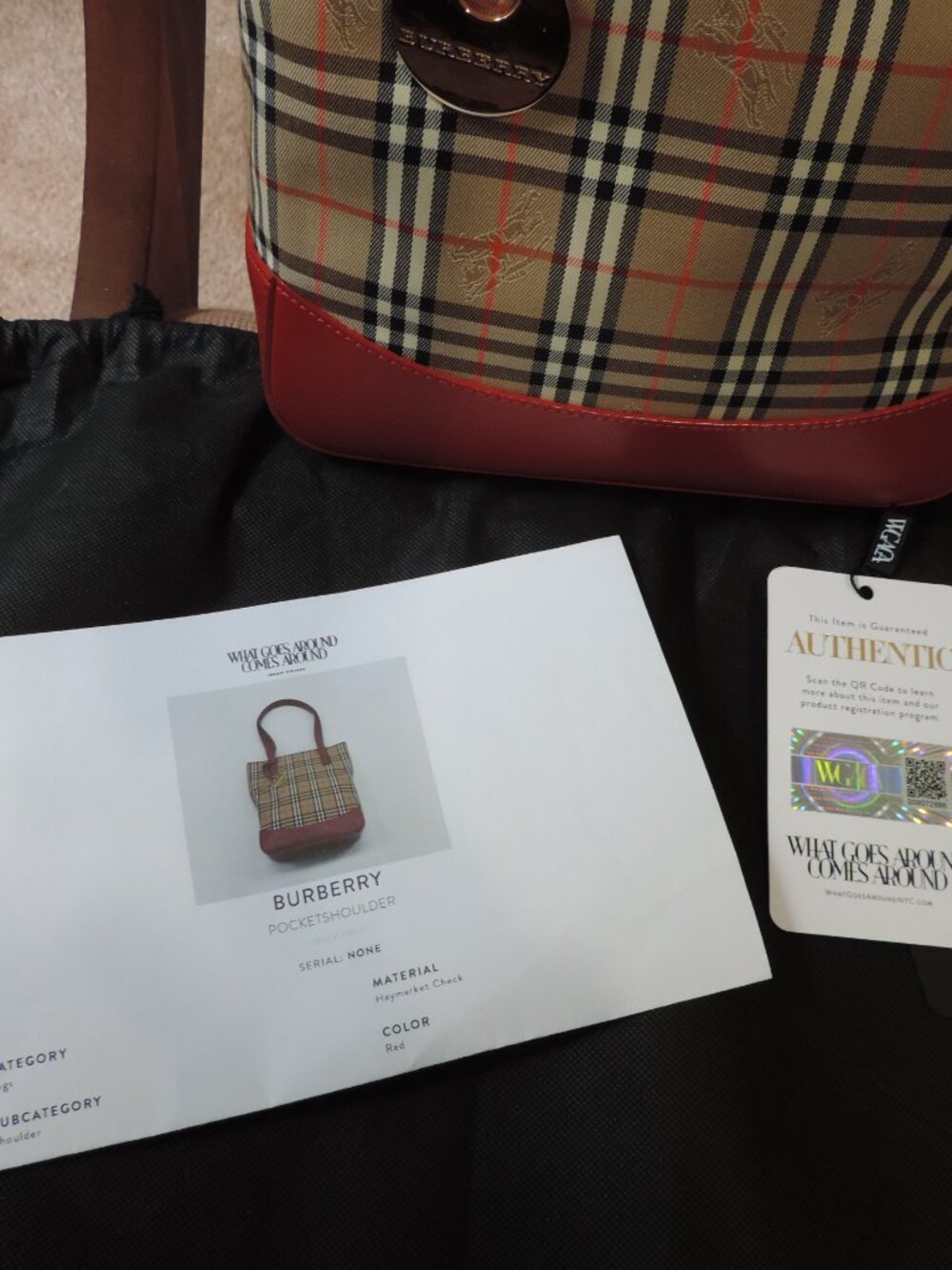 BURBERRY Classic Haymarket Check Canvas & Red Leather Tote Bag - w/COA - Picture 16 of 16
